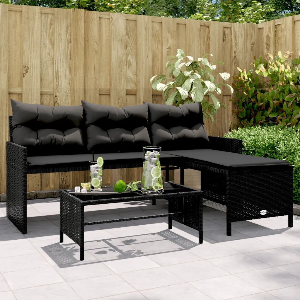 Divano da Giardino con Tavolo e Cuscini a L Nero in Polyrattan 365572