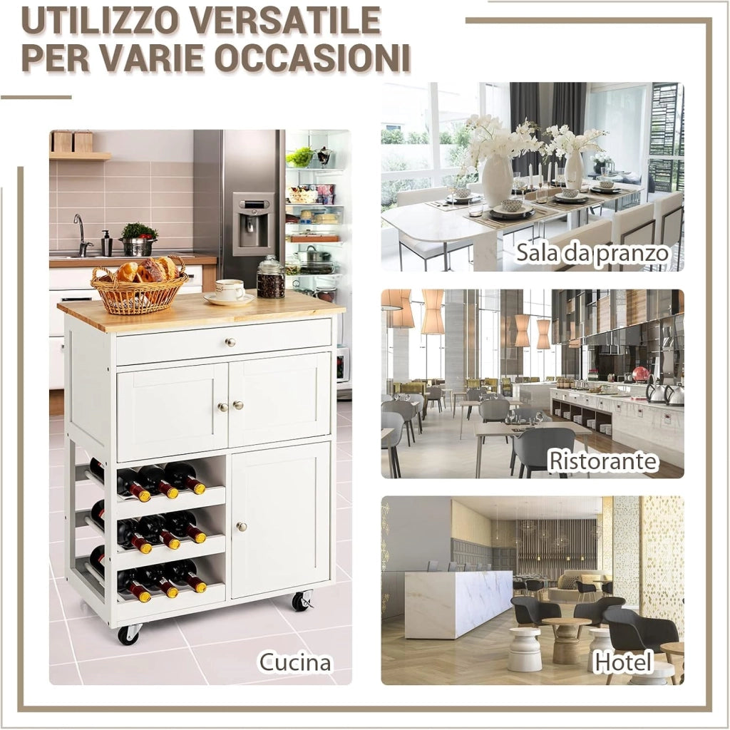 Carrello da Cucina, con Portabottiglie Tre Ante e Ruote, Credenza Cucina in Legno di Pino e MDF, Ideale per Soggiorno, 67 x 37 x 86 cm (Bianco)