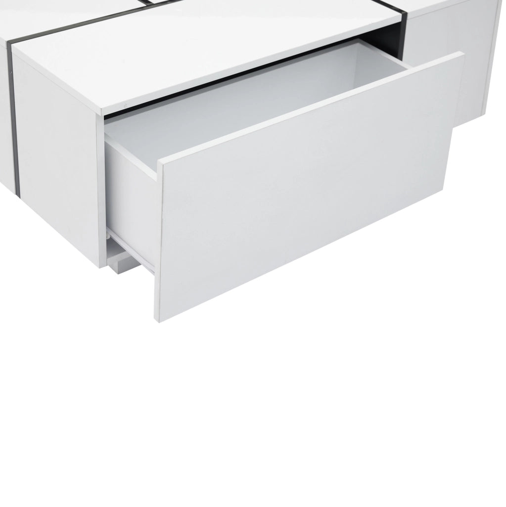 Tavolino da caffè moderno 100x60x40 cm in truciolare bianco e nero; 4 cassetti; piano lucido
