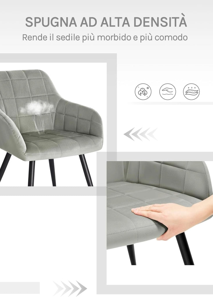 Sedia per Sala da Pranzo Imbottita, Poltroncina in Velluto,Sedia da Cucina con Braccioli e Schienale, Gambe in Metallo, moderne,Grigio, BH93gr-1