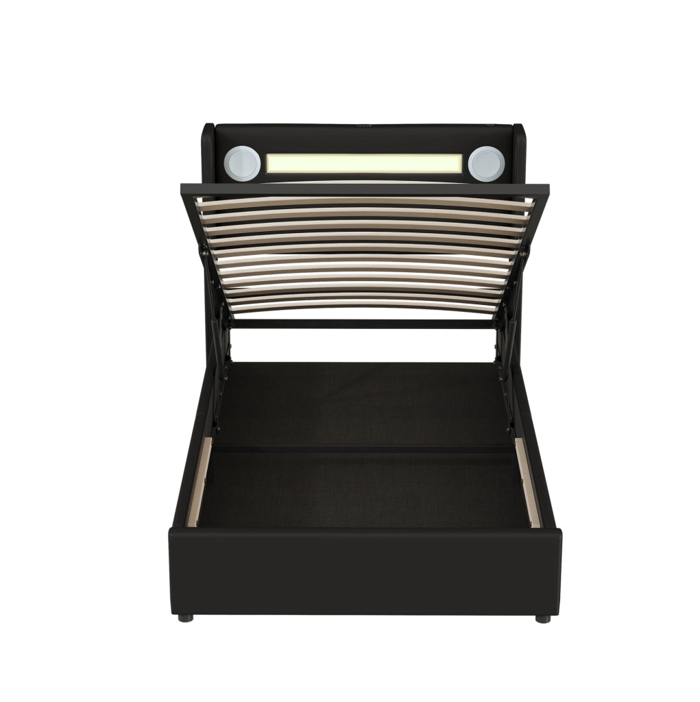 Letto imbottito per bambini 90x200 cm in PU nero con LED; Bluetooth e contenitore
