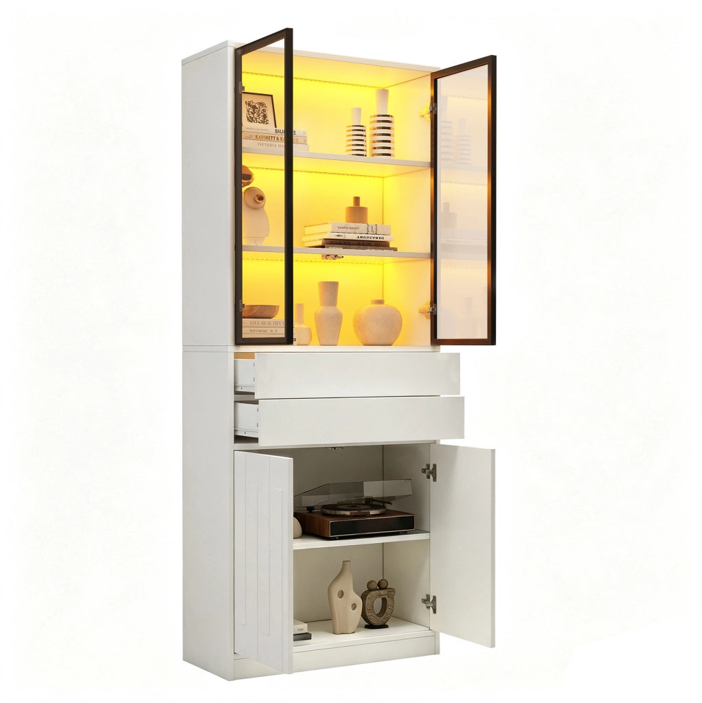 Vetrina alta ULEVR 70x34x180 cm con 4 ante, 2 cassetti, LED Bluetooth e ripiano regolabile, bianca
