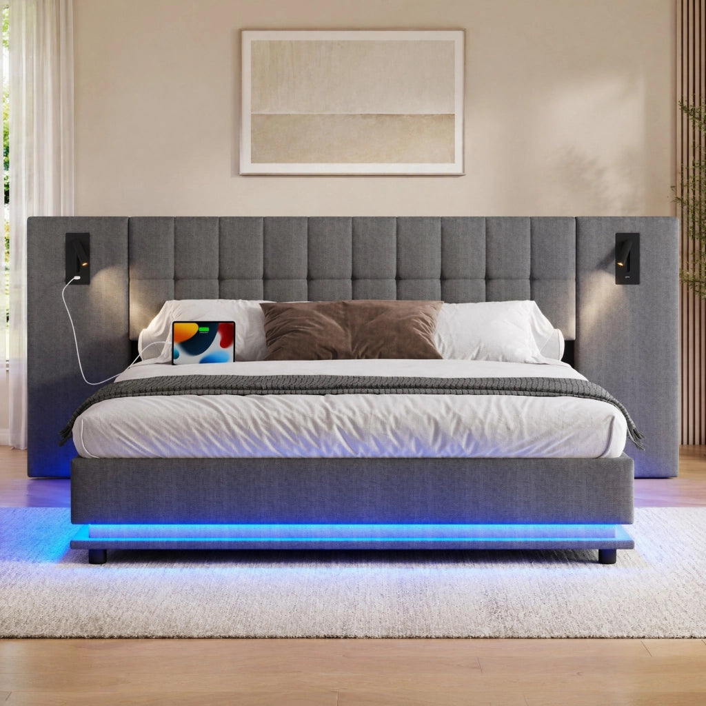 Letto imbottito 180x200 cm grigio con LED, USB e spot