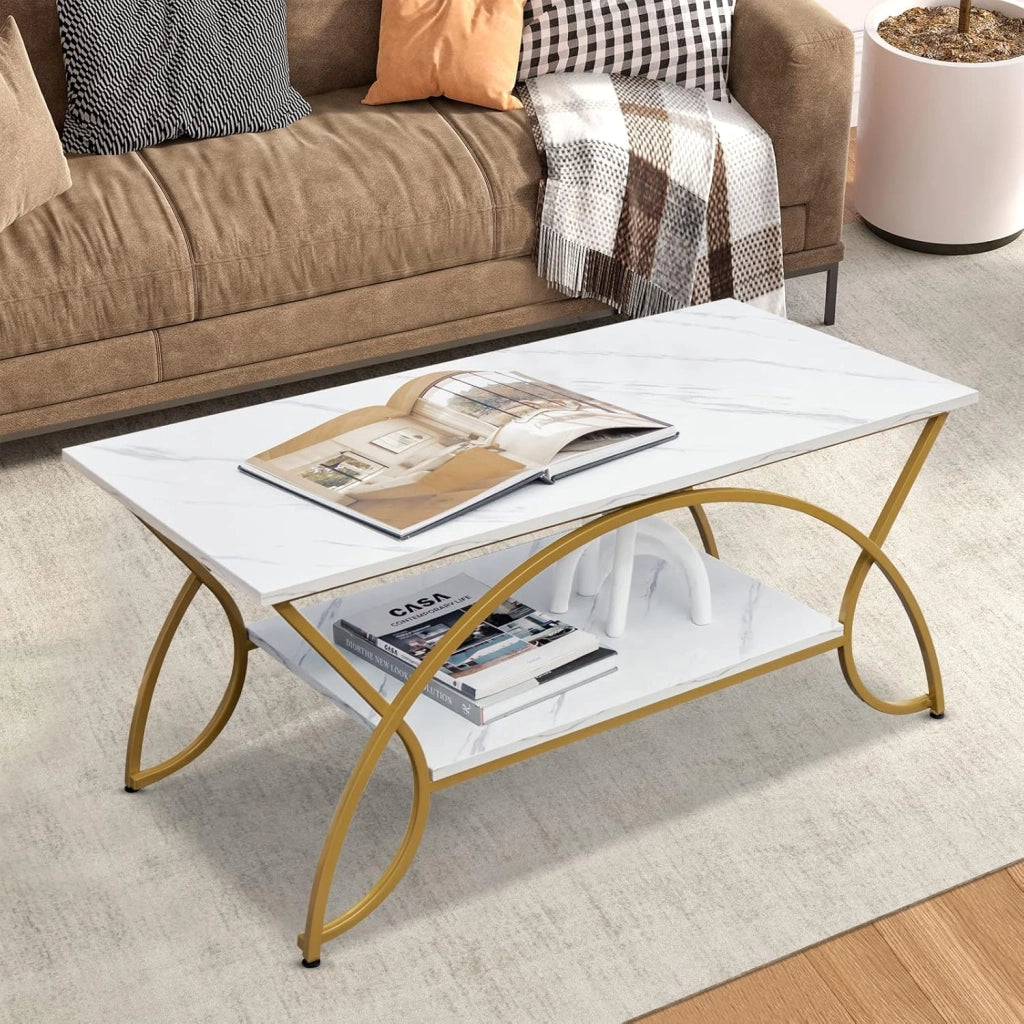 Tavolino da Caffè Oro, Tavolo da Salotto con Gambe in Metallo, Tavolino con Effetto Marmo per Soggiorno, Studio, Camera,110 x 50 x 46 cm (Bianco+Oro)