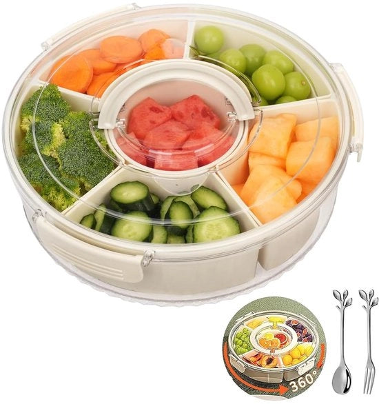 Box da snack con coperchio - Box da picnic rotante 360° - Beige - Organizzatore da snack - Adatto per cucina e picnic