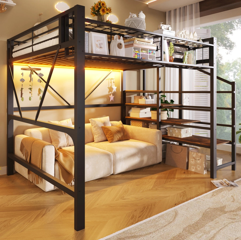 Letto a soppalco 140x200 cm con scaffale a gradini; vano portaoggetti e LED; in MDF e metallo nero