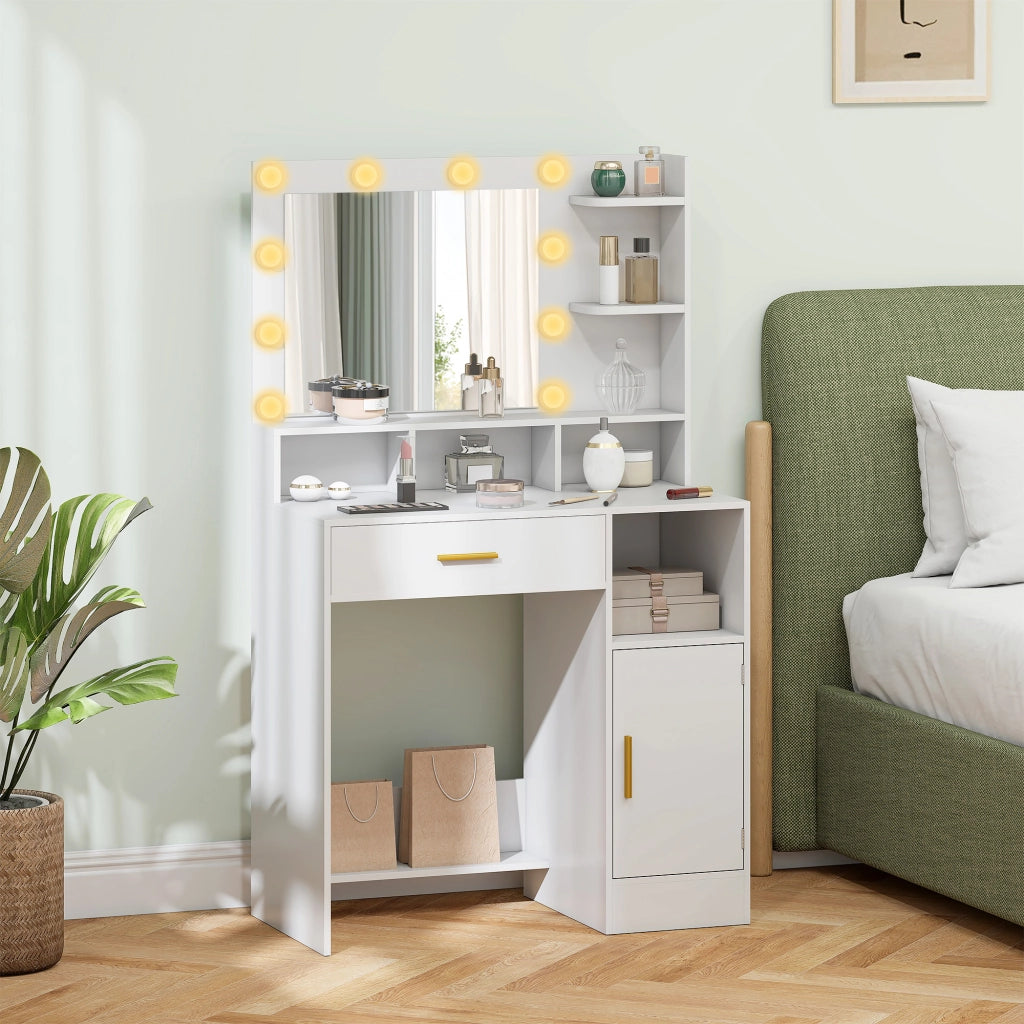 Toeletta con specchio e 10 luci LED ¨C Xylo ¨C Cassetto, anta, ripiani, 80x40x135cm, bianco