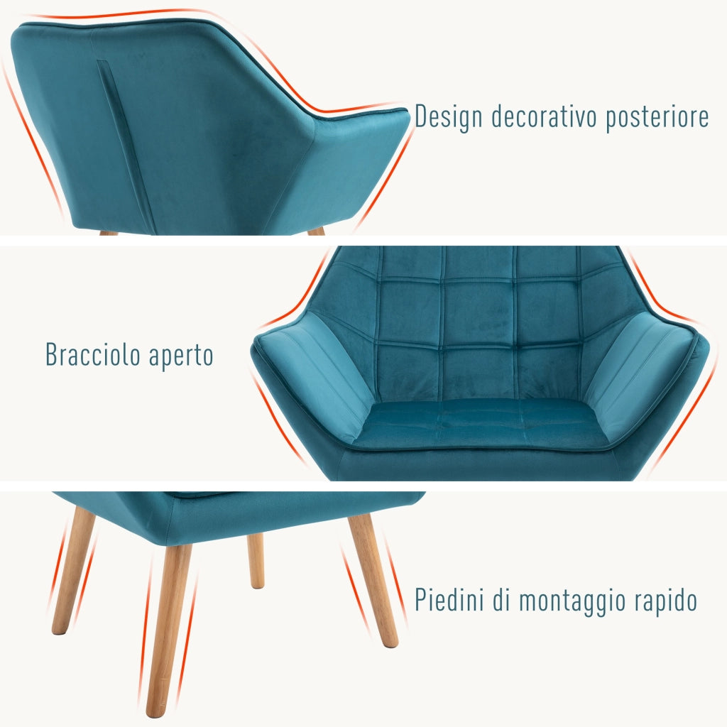 EasyComfort Poltroncina da Camera Design Scandinavo, Poltrona in Velluto e Legno, Color Petrolio, per Soggiorno o Ufficio, 67x61.5x71cm