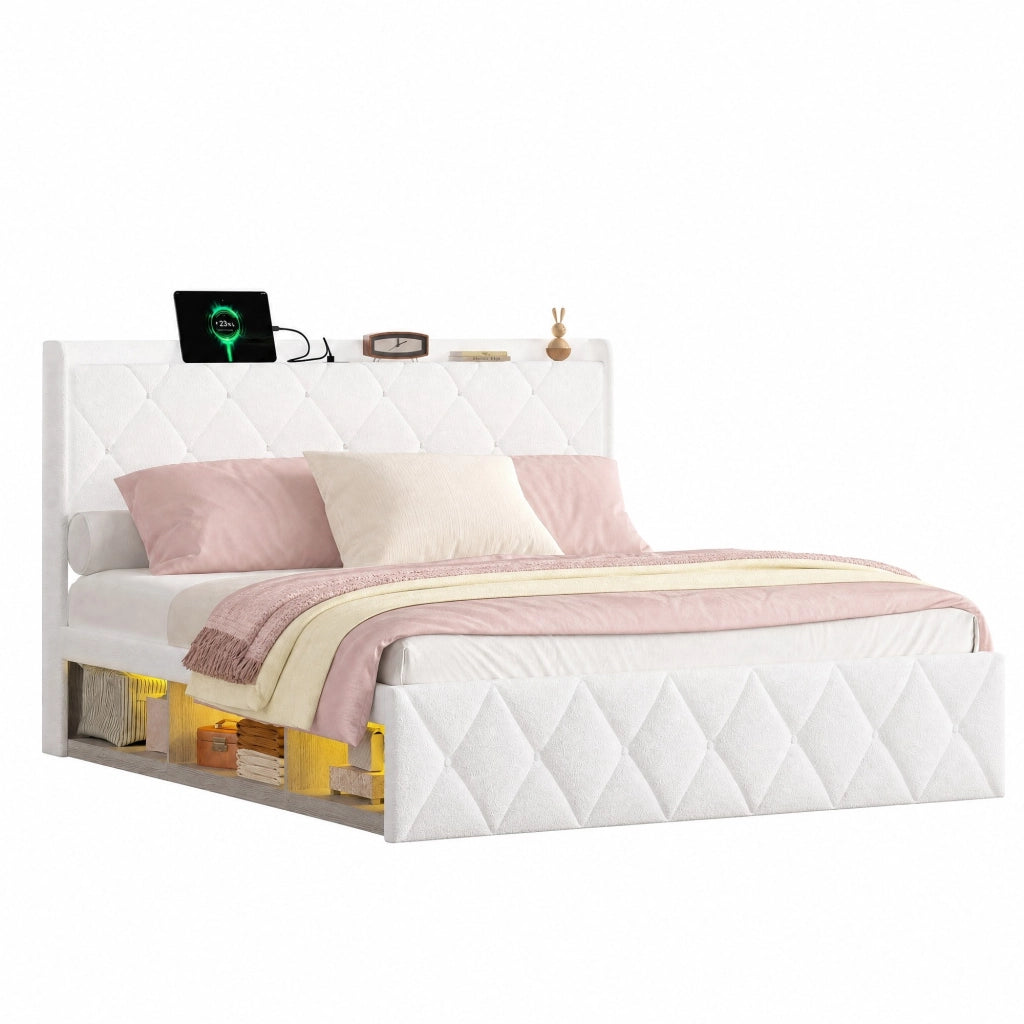 Letto matrimoniale 140x200 cm Teddy bianco con LED e USB