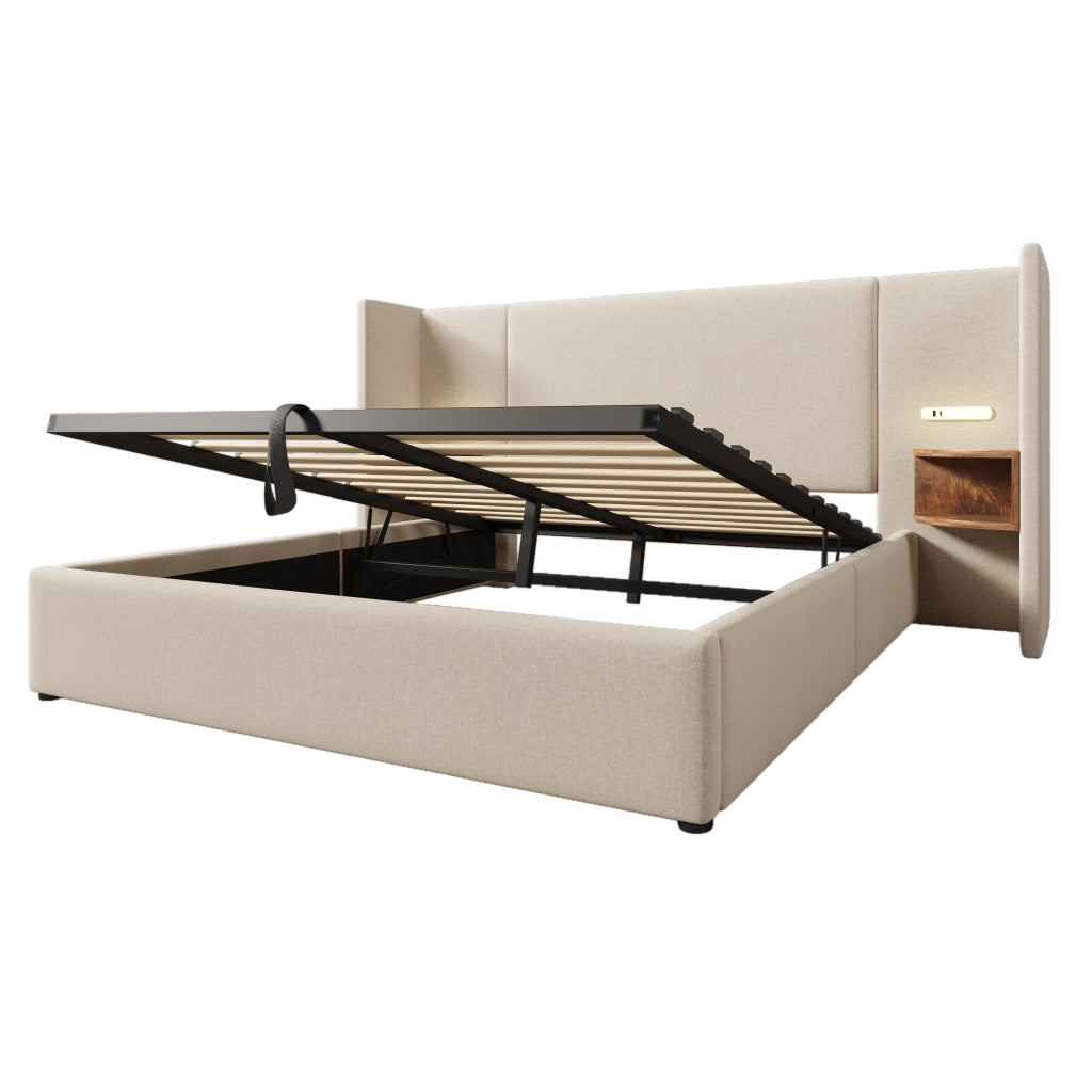 Letto matrimoniale 160x200 cm beige in lino con testiera multifunzione, luci LED, USB e contenitore