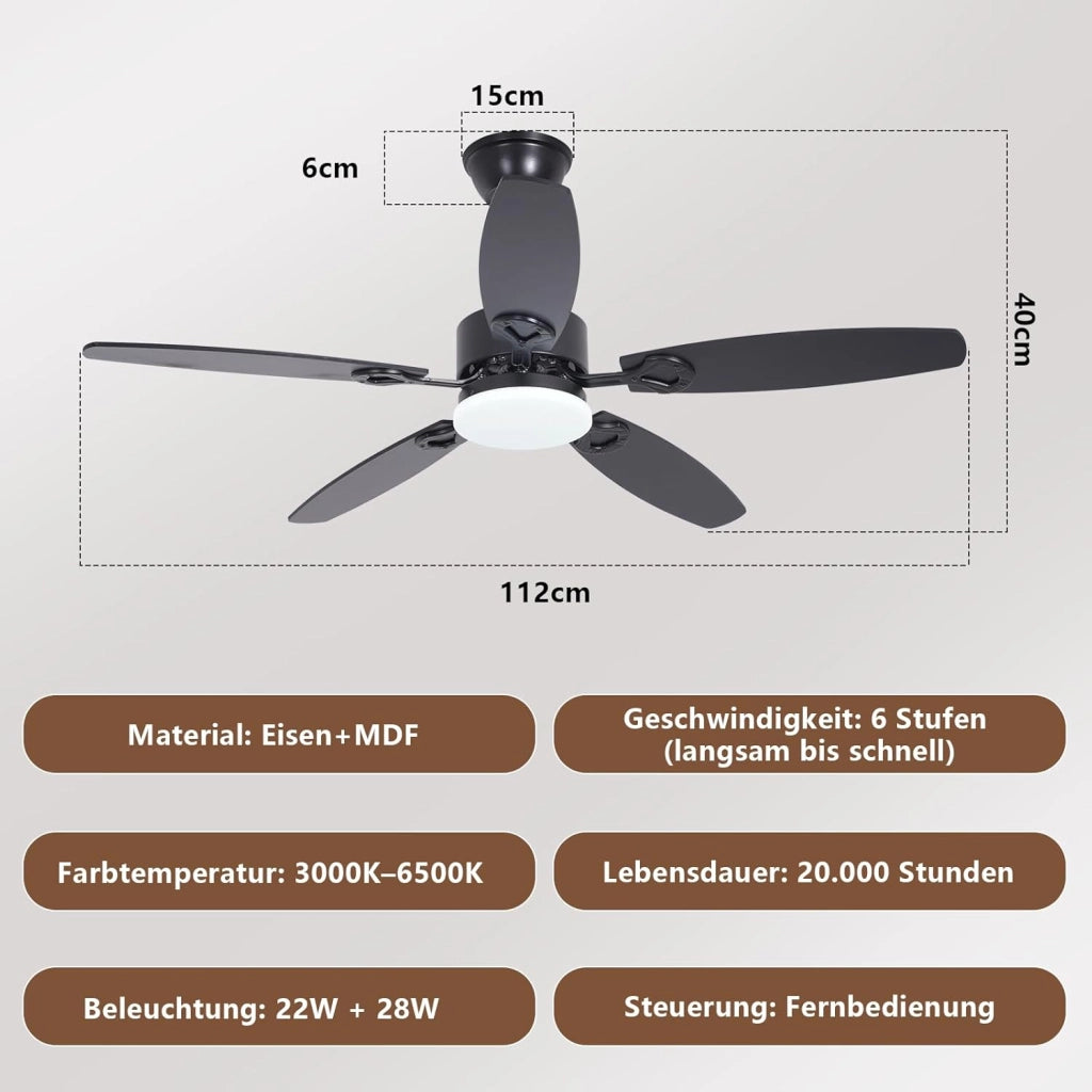 ZMH Ventilatore da Soffitto con Luce Funzionamento Silenzioso Pale a Doppia Faccia Luminosità Regolabile per Soggiorno