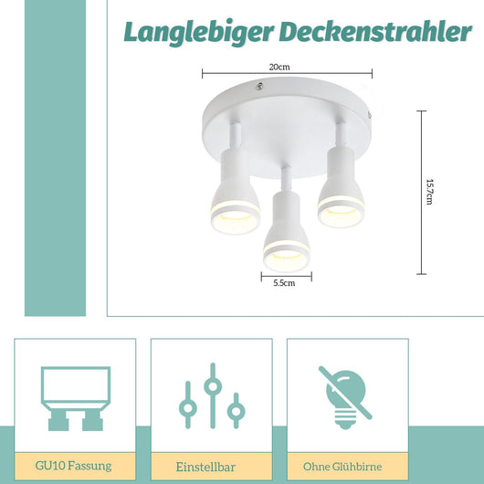 ZMH Faretto da soffitto bianchi 3 luci GU10 metallo orientabili moderni per camera letto sala pranzo senza lampadina