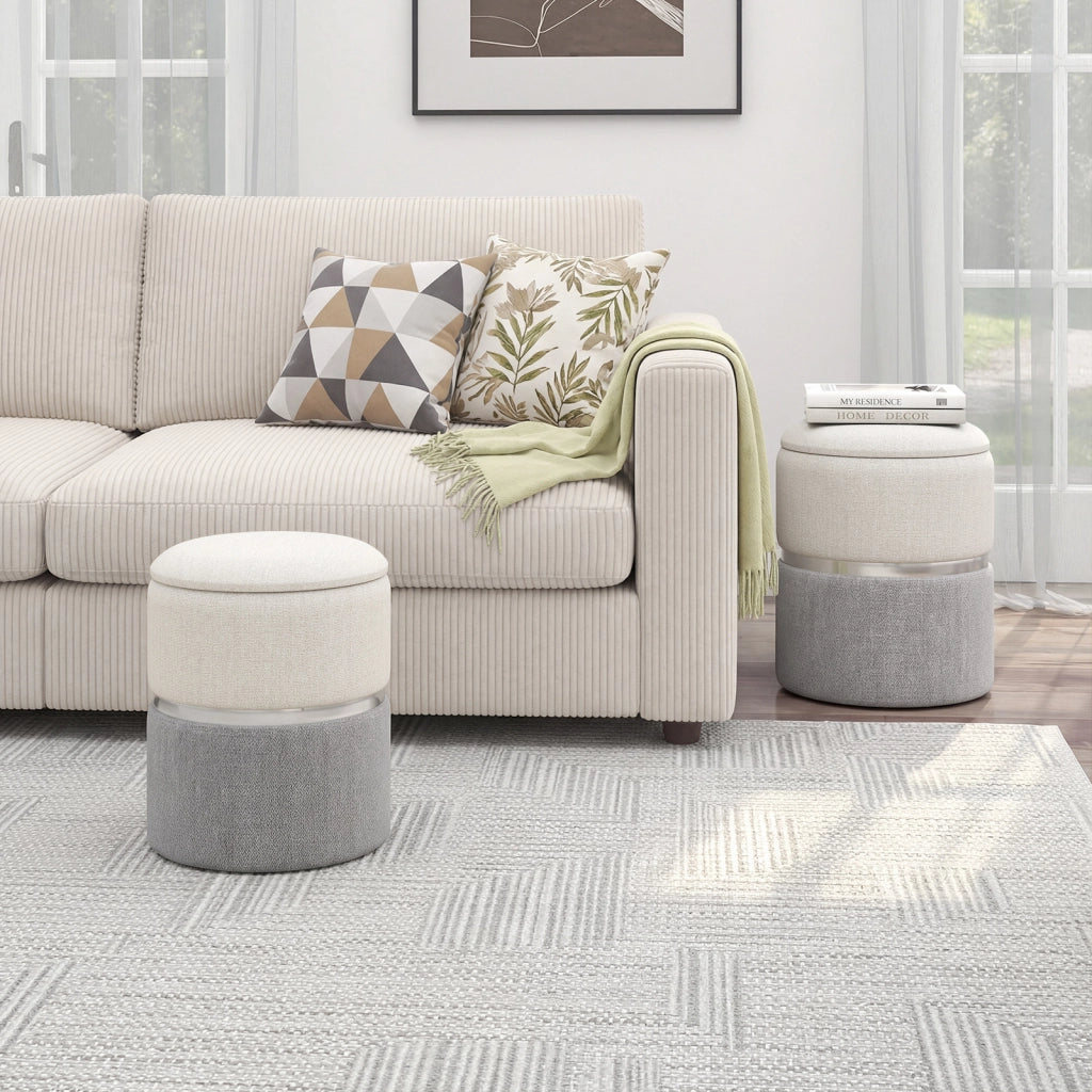 Set di 2 pouf in tessuto con spazio di archiviazione, Poggiapiedi rotondo con spazio nascosto Beige e Grigio