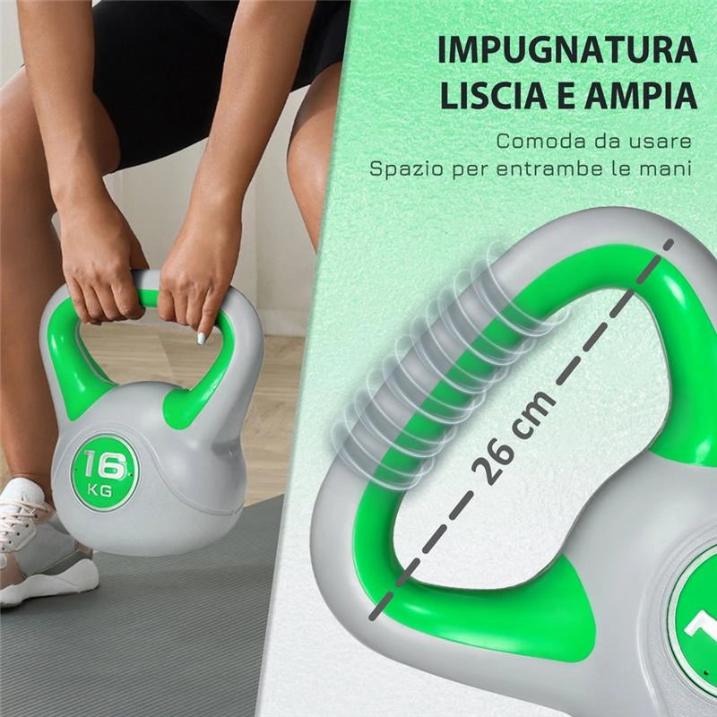 KETTLEBELL 16 KG IN PU E SABBIA CON BASE PIATTA 26 X 18 X 32 CM VERDE