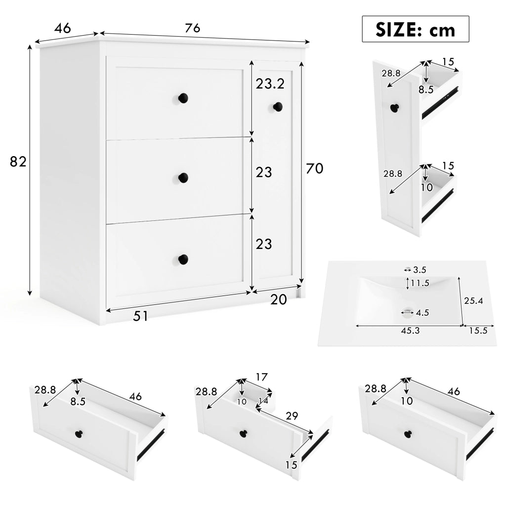 Mobile sottolavabo con 4 cassetti e lavabo in ceramica, per bagno, in MDF e ceramica, bianco, 76 × 46 × 82 cm