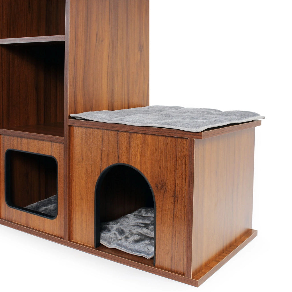 Fudajo Casetta gioco per gatti Design in legno marrone con cuscini e tappetino tiragraffi in sisal