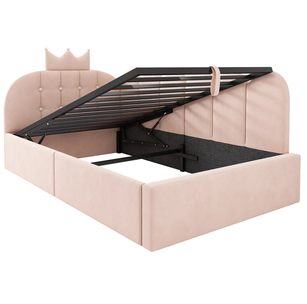 Letto da giorno L con testiera a corona; rete sollevabile e contenitore 90x200 cm in velluto rosa