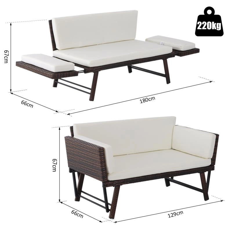 DIVANO DA GIARDINO 2 POSTI TRASFORMABILE IN LETTINO IN RATTAN BIANCO 129X66X67CM