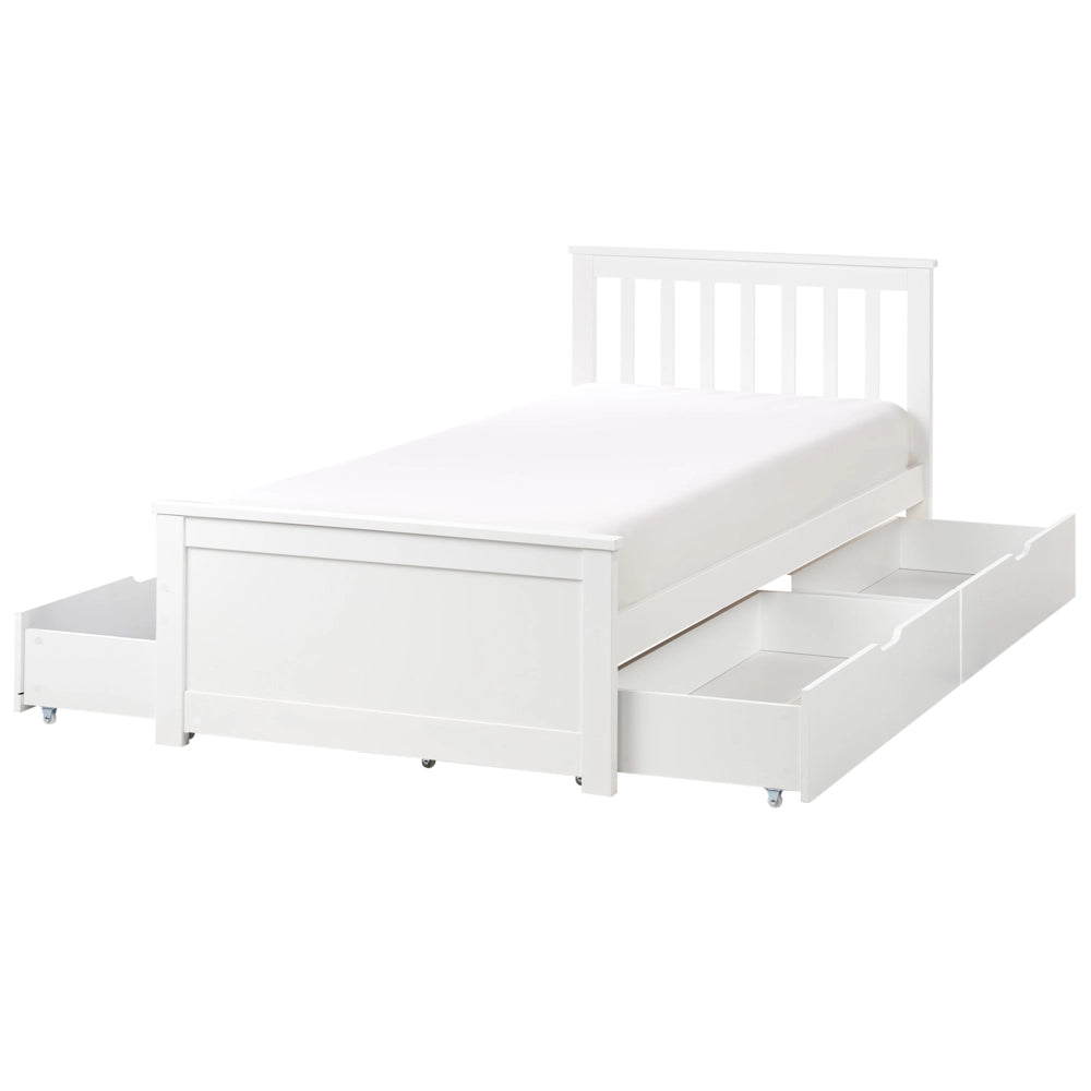 Letto singolo Legno di Pino Bianco con Rete a Doghe Minimalista 90 x 200 cm Testiera a doghe minimalista con 4 cassetti