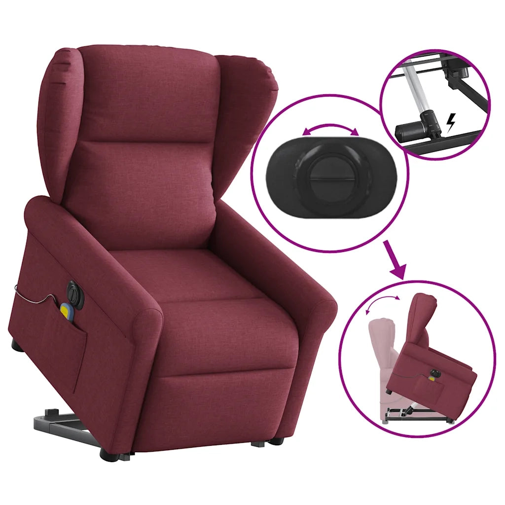 vidaXL Poltrona Alzapersona Massaggiante Elettrica Rosso Vino Tessuto