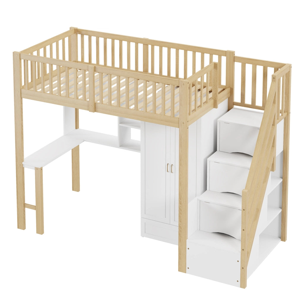 Letto a soppalco 90x200 cm con armadio; scrivania e scala con cassetti; bianco e legno