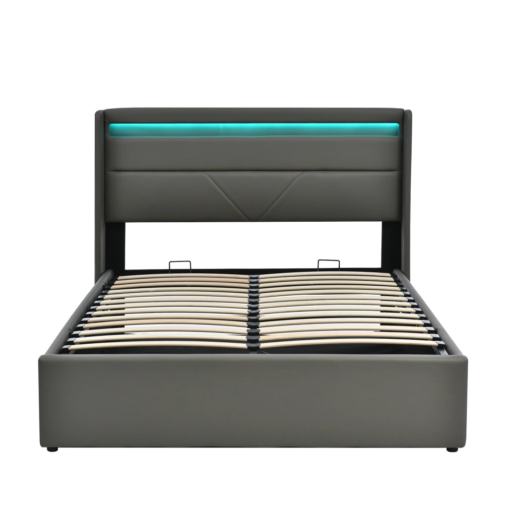 Letti contenitori 160x200 cm; con testiera LED e apertura idraulica; PU; grigio (Senza materasso)