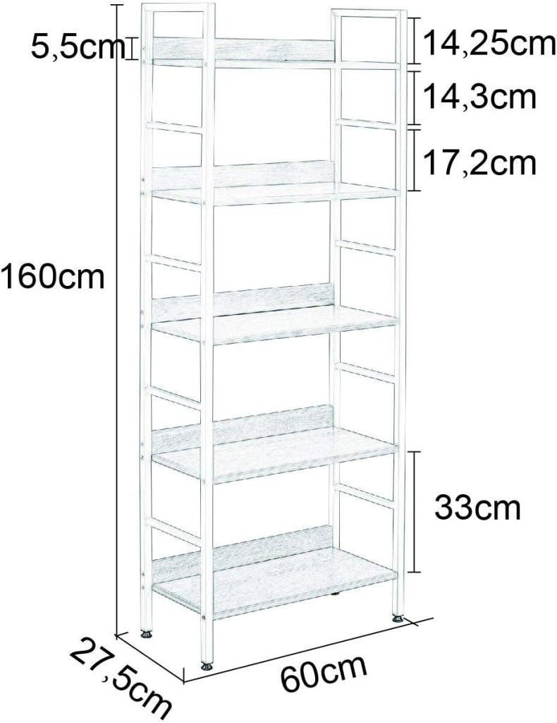 Libreria Scaffale a 5 Livelli, Libreria Verticale Struttura in Metallo per Soggiorno/Camera da Letto/Studio, 60x27,5x160cm,Bianco + Rovere chiaro