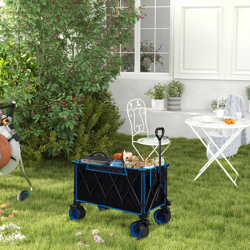 Carrello Pieghevole con Ruote da Spiaggia, Carrello da Giardino, Campeggio, Viaggio, Spesa, Borsa di Trasporto, Oxford+Acciaio, Nero+Blu