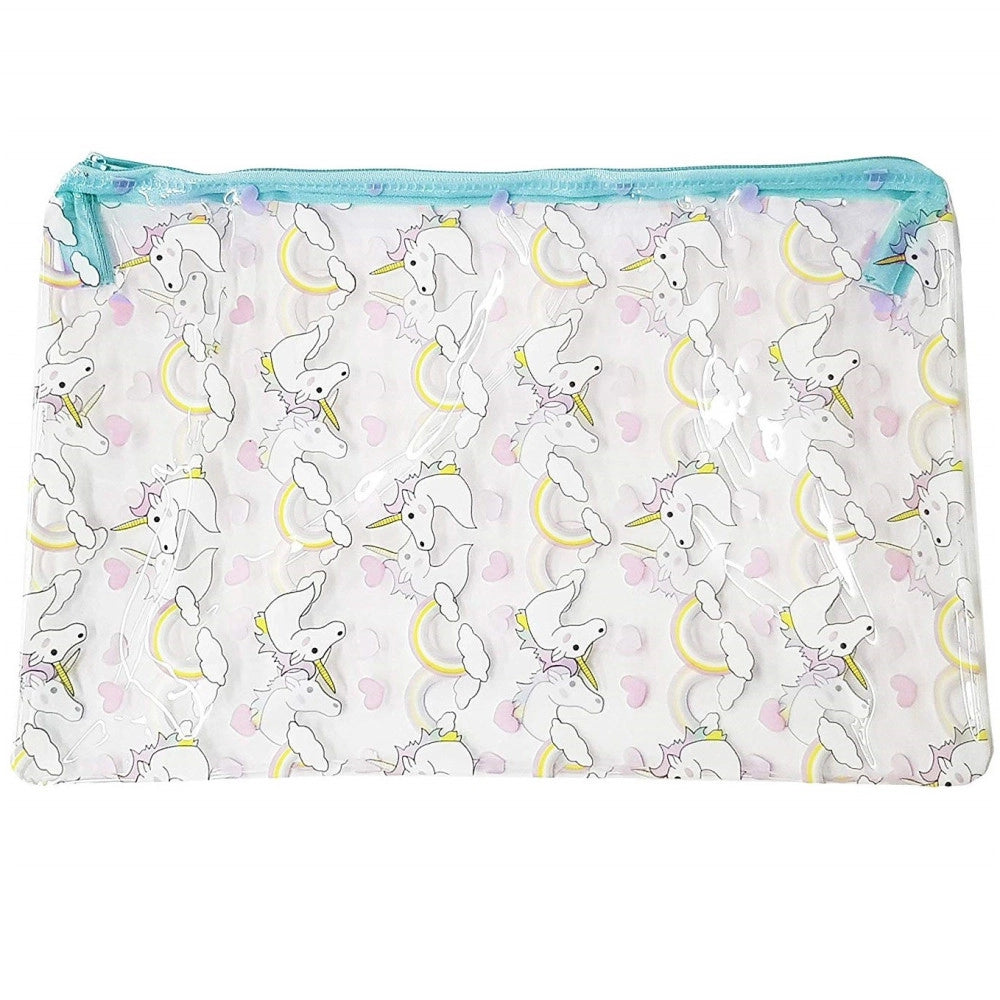 Trade Shop - Pochette Trasparente Azzurro Fantasia Unicorno Trucco Beauty Case Borsa Donna -
