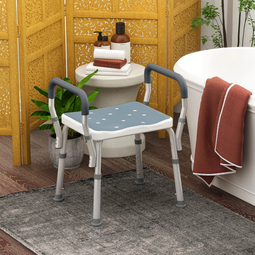 Sgabello per Doccia Regolabile con Braccioli e Fori di Drenaggio, in Alluminio, HDPE e EVA, 52x45x57-69 cm