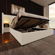 LETTO CONTENITORE 180x200 cm in corduroy beige-bianco con testiera multifunzione