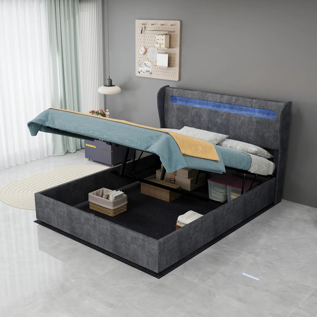 Letto imbottito moderno minimalista con testiera LED integrata, 140x200 cm, grigio, base rialzata multifunzione con sollevamento a gas. Materasso non incluso.