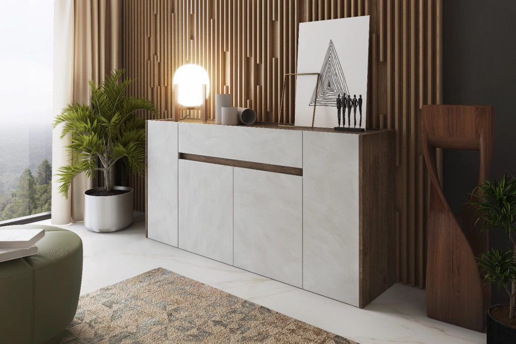 Credenza Moderna Madia In Melaminico Con 4 Ante E 1 Cassetto Mobile Contenitore Per Sala Da Pranzo Soggiorno Design Senza Maniglie Elegante Capiente 170 X 85 X 40 Cm Noce Spatolato