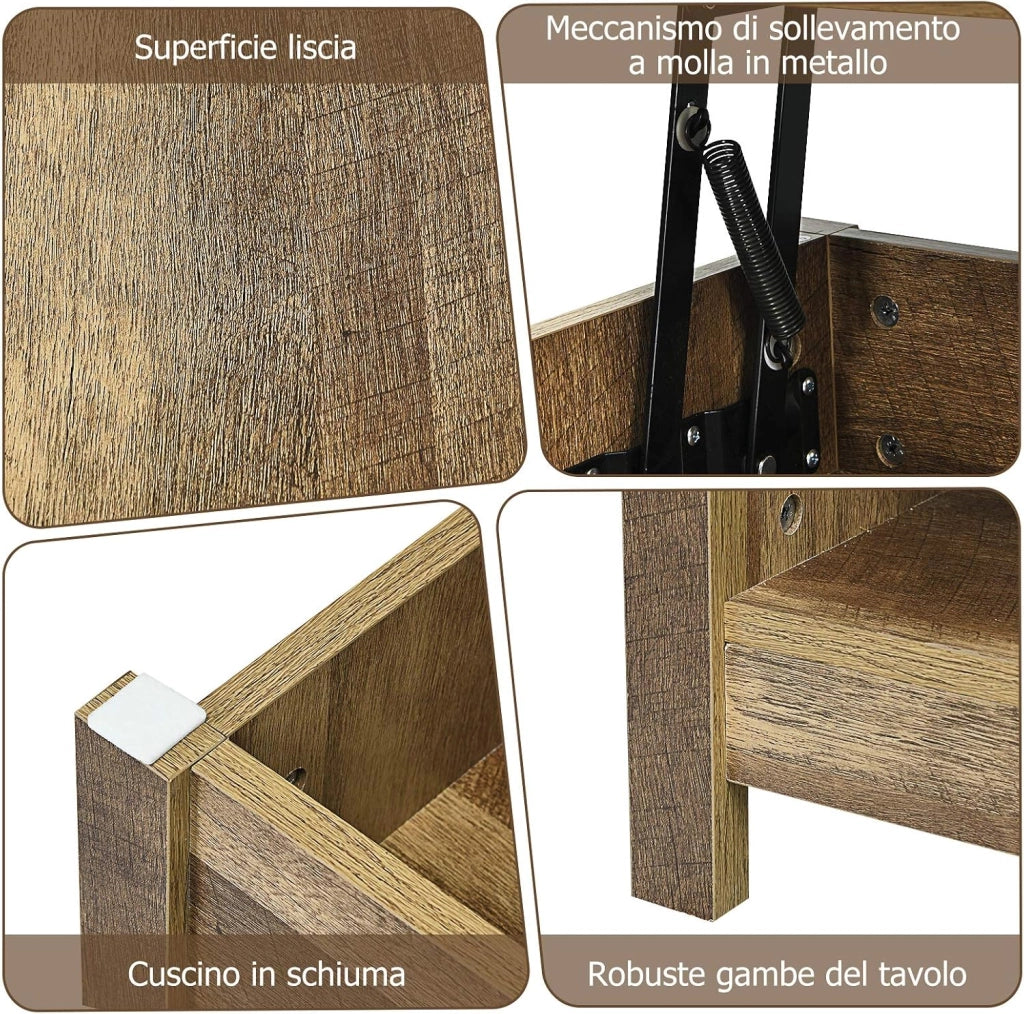 Tavolino Salotto Sollevabile, Tavolino da Caffè Basso con Scompartimenti Nascosti e Mensole, Tavolino Moderno per Soggiorno, Salone e Studio, 109 x 47,5 x 50-63 cm (Quercia)