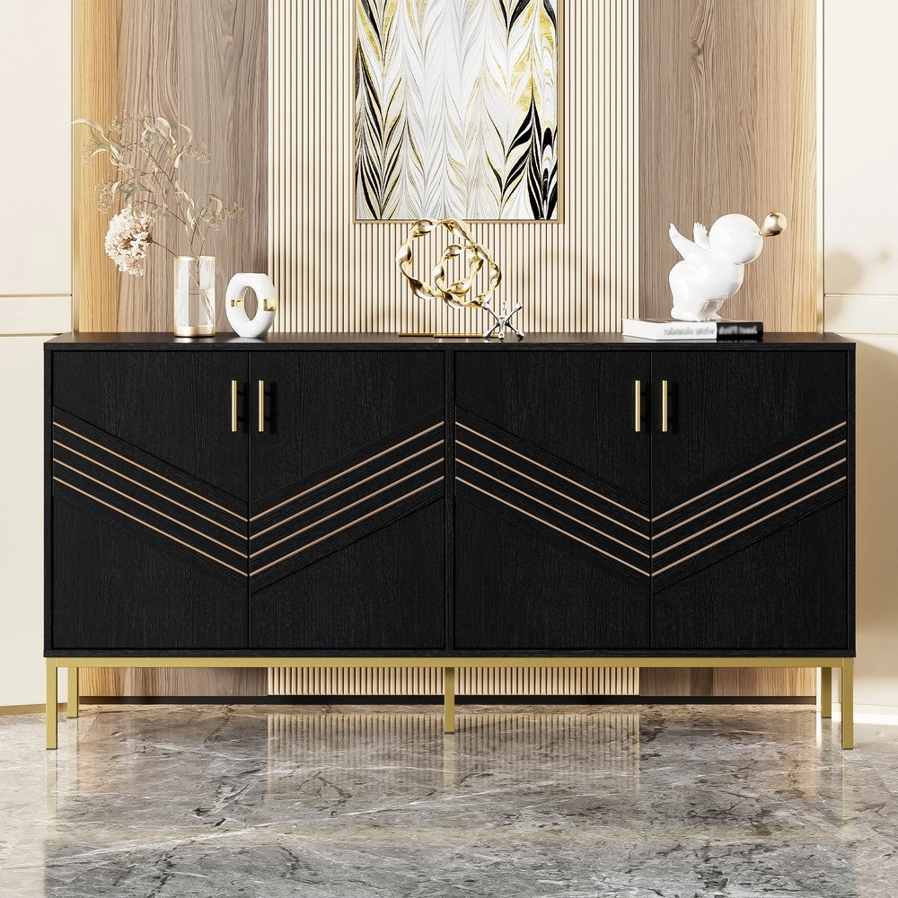 Credenza Moderna con 4 Ante ¨C MINIMAL ¨C Nero/Oro, MDF, Ripiani Regolabili