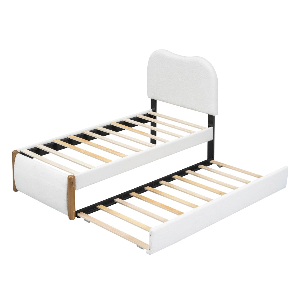 OKWISH Letto estraibile 90×200 cm, Letto Singolo con Letto Secondario Estraibile e Testiera Imbottita, senza Materasso, Bianco