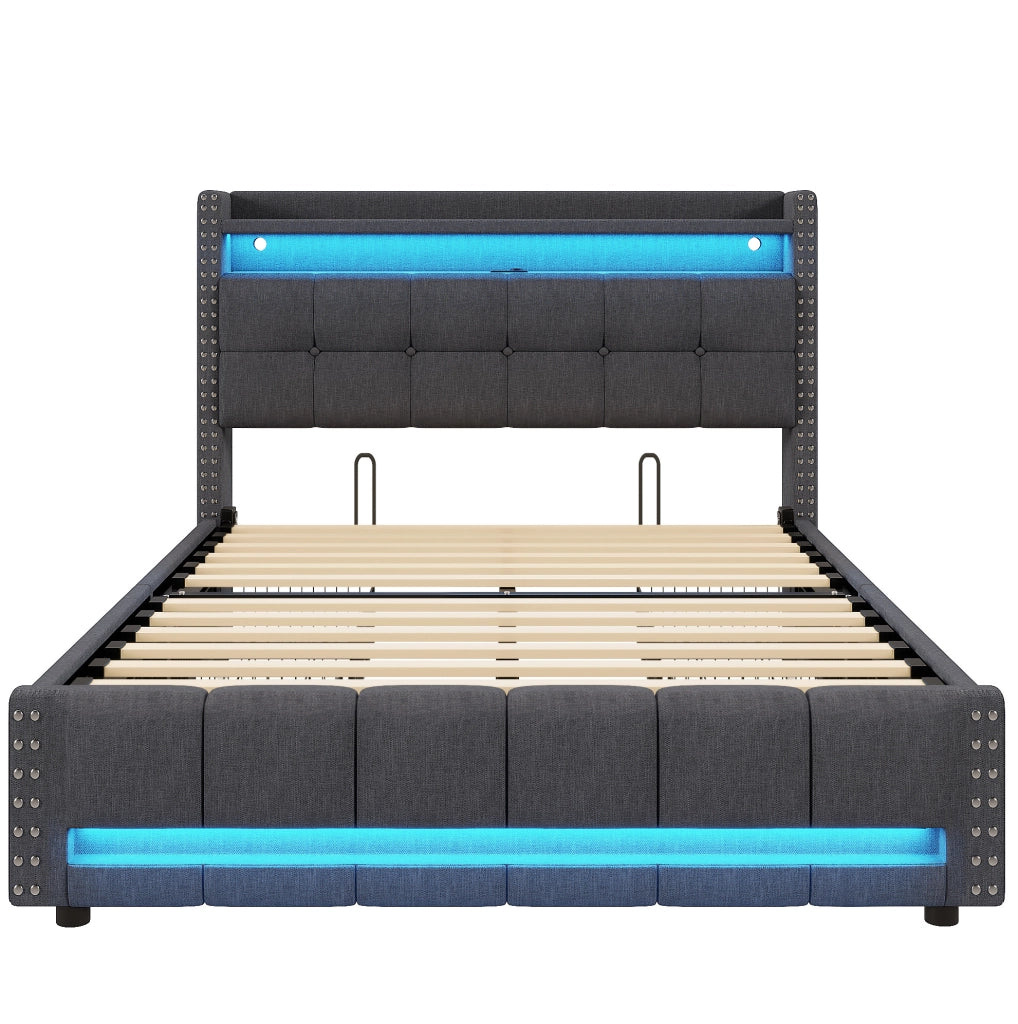 Letto matrimoniale imbottito 160x200 cm grigio con LED; USB; ripiani e 4 cassetti