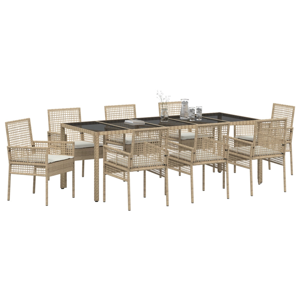Set da pranzo da giardino 9 pezzi con cuscini beige in polyrattan