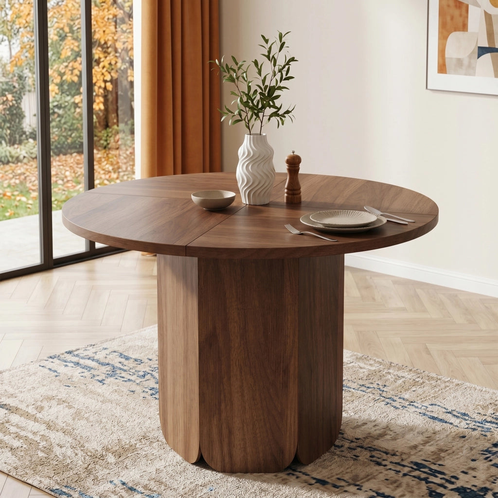 Tavolo da pranzo rotondo 120 cm, colore noce, stile scandinavo, per 4-6 persone