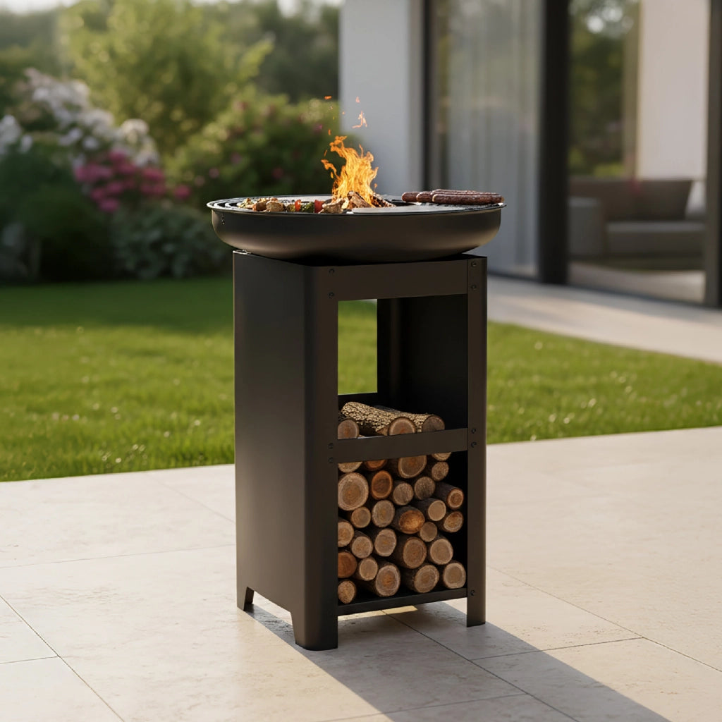 Barbecue a Legna e Carbonella con Cottura a Piastra e Griglia Ø58 cm, Braciere da Giardino con Porta Legna, BBQ Design Moderno da Esterno