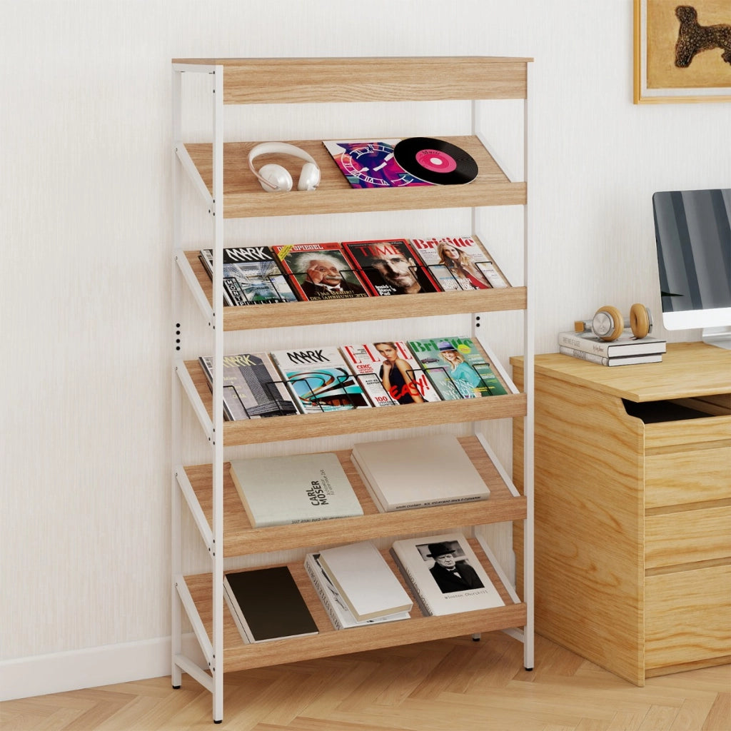 Libreria a 6 ripiani scaffale inclinato con struttura metallica robusta, Libreria porta giornali industriale Legno naturale-Librerie