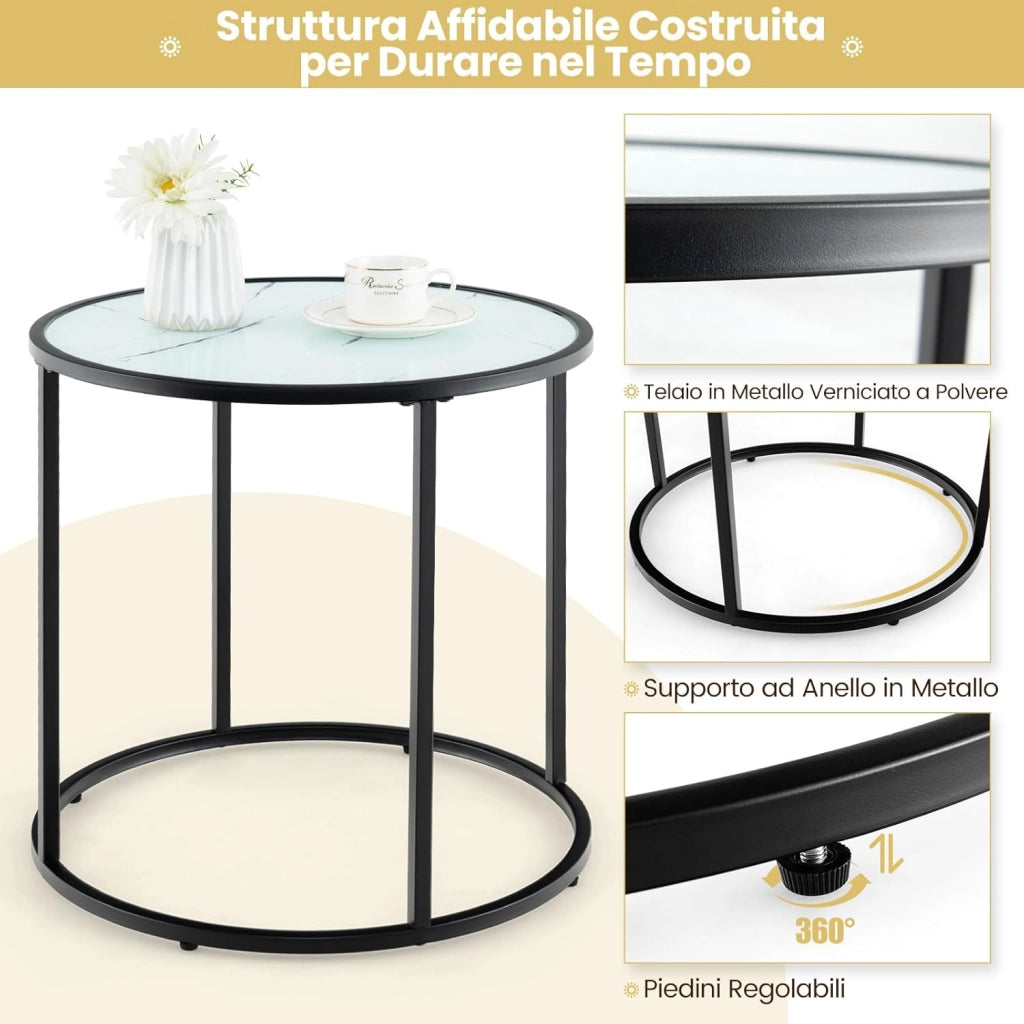 Tavolino da Salotto in Vetro, Tavolino Rotondo con Struttura in Metallo e Piano in Vetro Effetto Marmo, Tavolino da Caffè Moderno per Soggiorno, Camera da Letto e Balcone