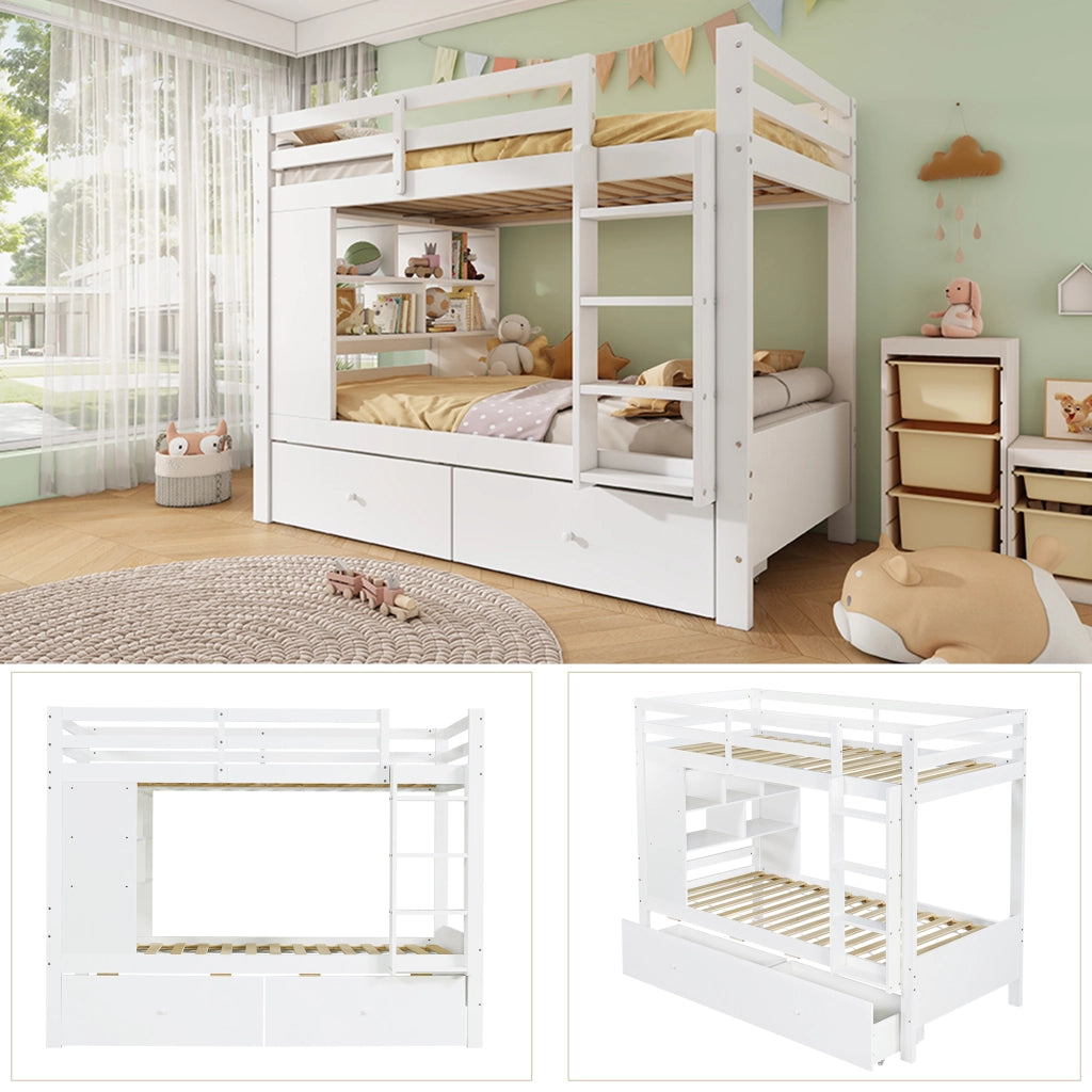 Letto a castello 90 × 200 cm con 2 cassetti, scaffale aperto e scala, senza materasso, bianco