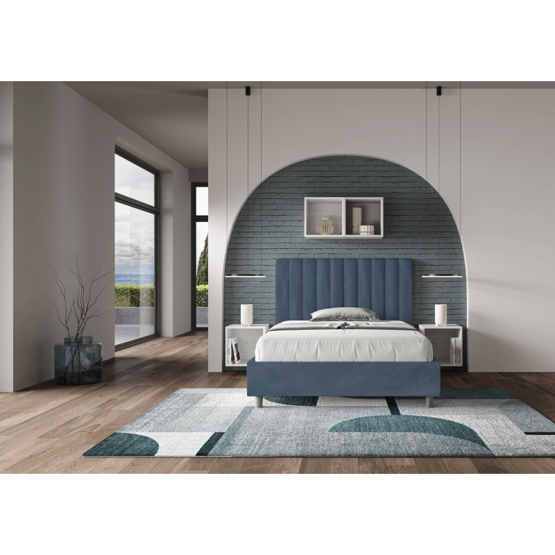 Letto imbottito 1 piazza e mezza 120x210 cm Agueda - Senza rete,Microfibra,Blu