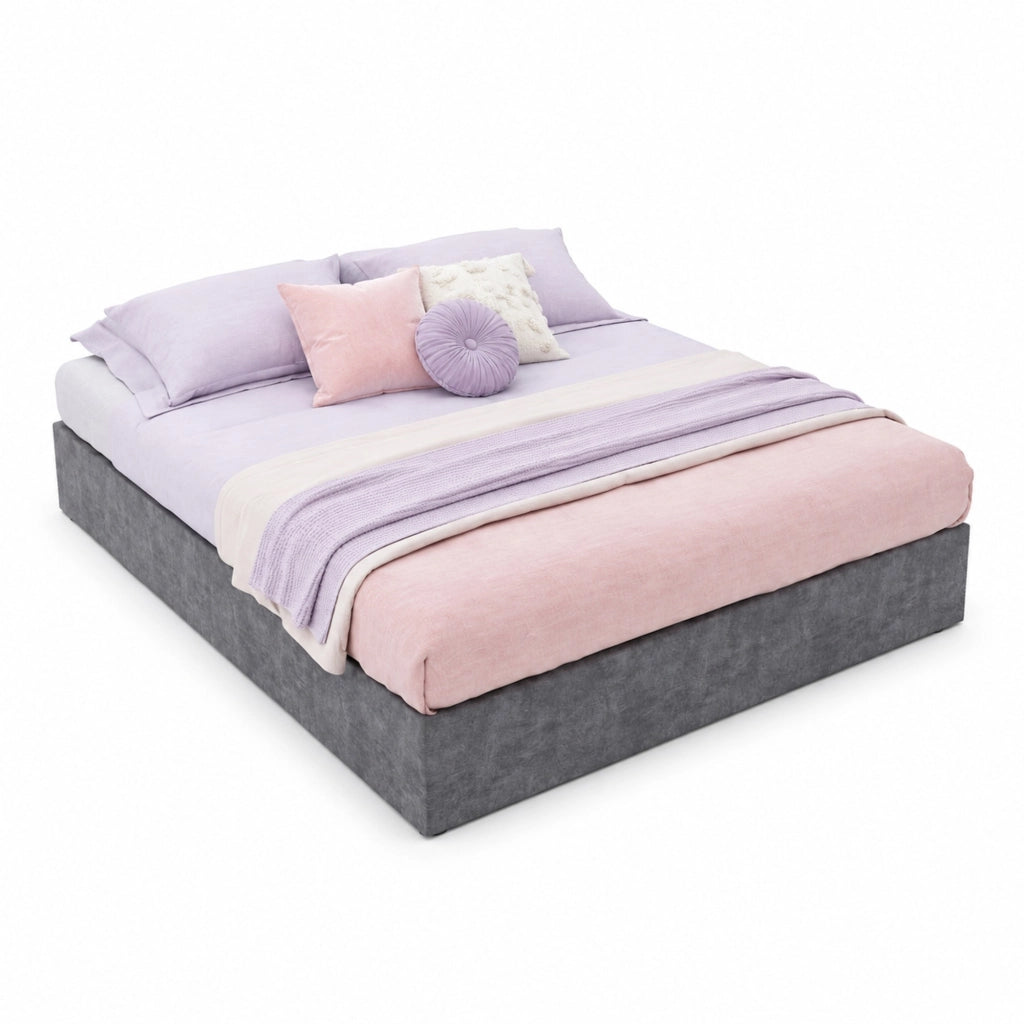Letto imbottito 140 × 200 cm con testiera geometrica e rete a doghe in tessuto grigio e metallo