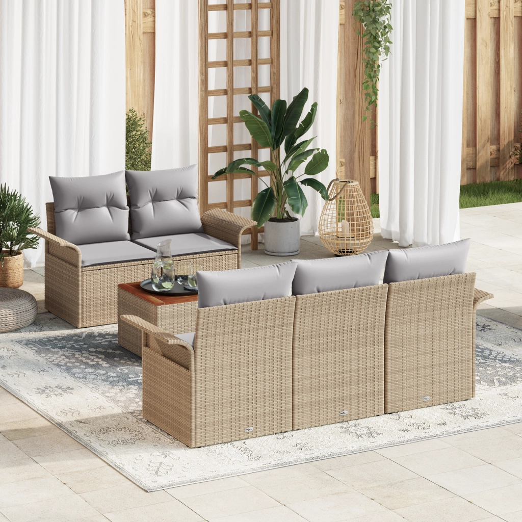 Set da Giardino di 6 Pezzi con Cuscini Beige Polyrattan Acacia