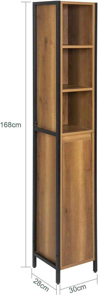 Colonna Bagno Alta e Stretta con 3 Ripiani Aperti e 1 Anta – Mobiletto Salvaspazio Vintage in Metallo e Legno 30x168x28cm BZR62-PF