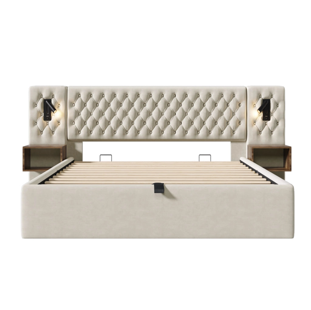 Letto matrimoniale 180x200 cm in velluto beige con contenitore idraulico; 2 comodini e luci lettura