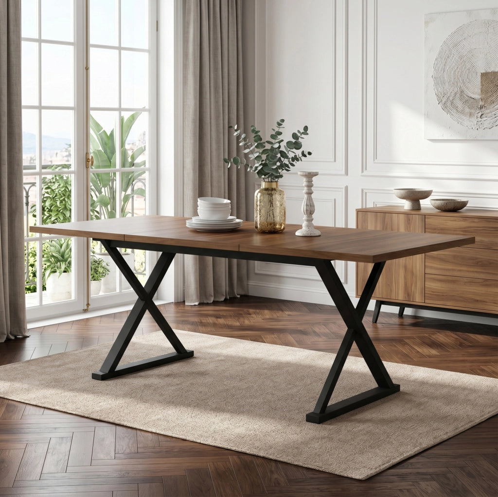 Tavolo da pranzo moderno 180 x 90 cm in MDF colore noce con gambe in metallo nero