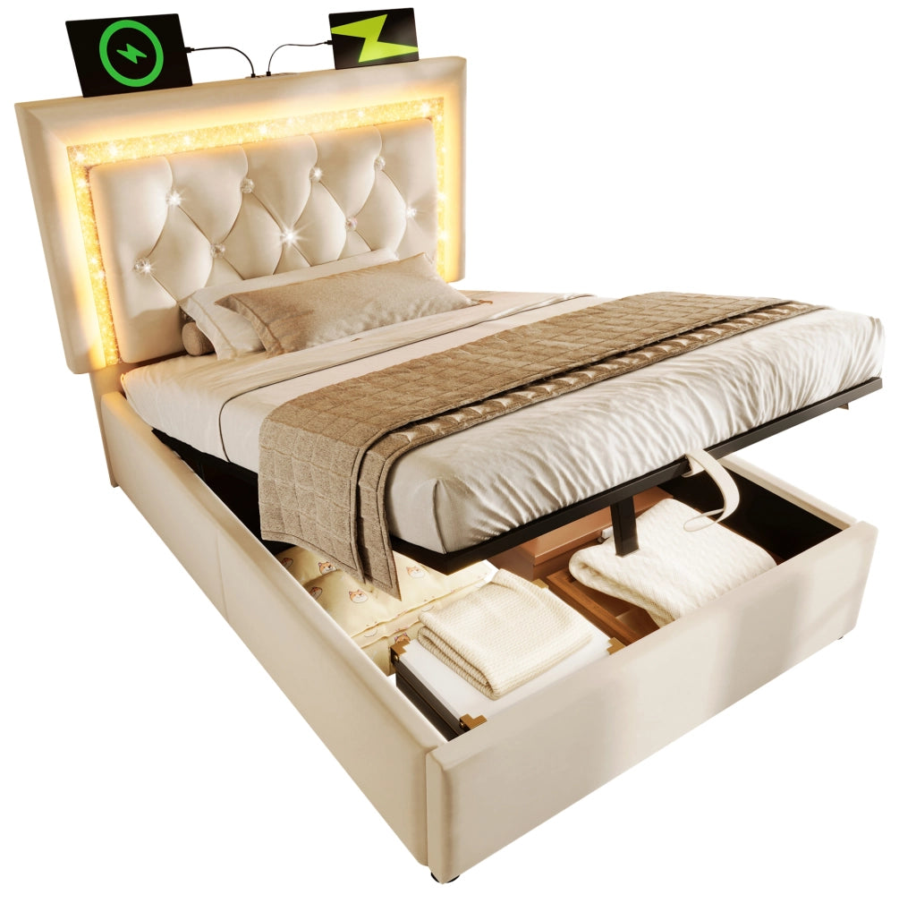 Letto singolo imbottito 90x200 cm in velluto beige con LED; USB; contenitore e materasso